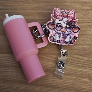 Charming Pink Cow Keychain with Cup Holder